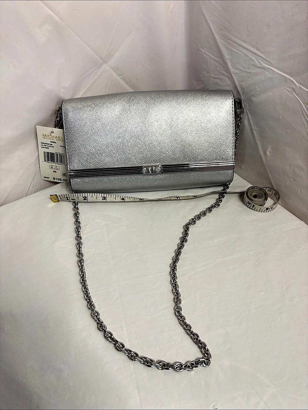 Michael Kors Mona Silver Leather Clutch NWT